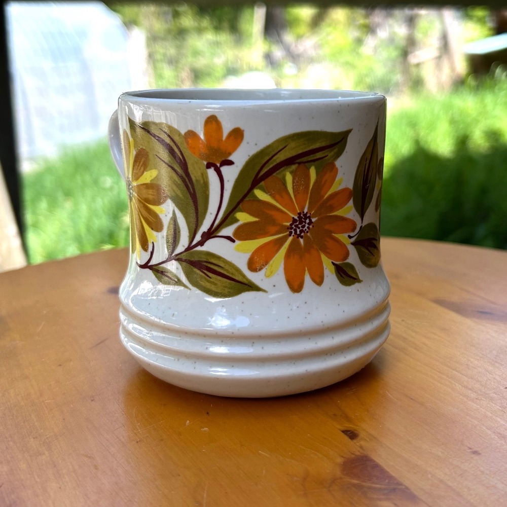 Vintage Stoneware Mug Large Orange Yellow Retro Daisy Flower JMP Japan Capri - Picture 5 of 9